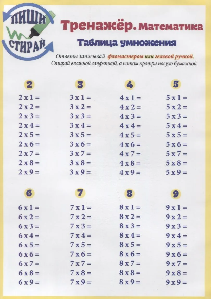 Математика. Таблица умножения. Тренажёр (Пиши стирай)